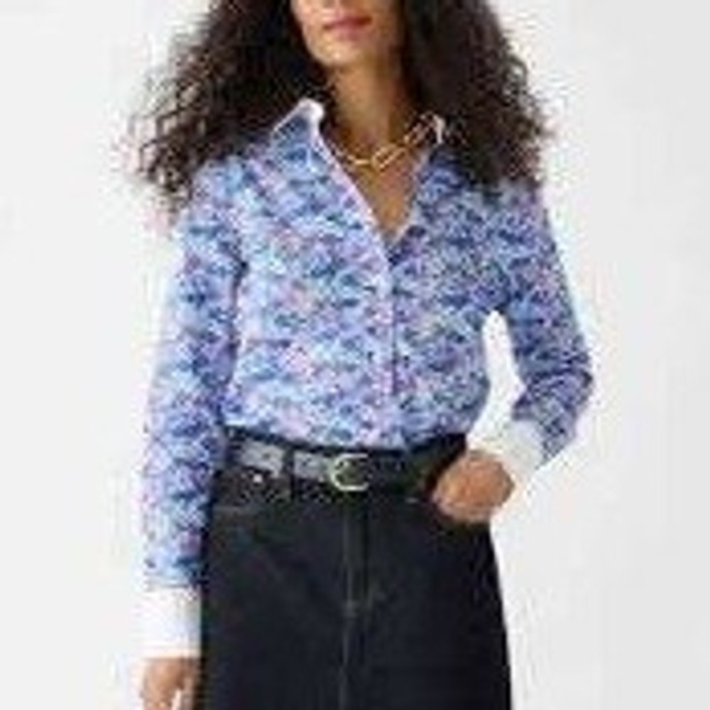 J.Crew Liberty Fabric Floral Button Up Shirt Blue Purple White Collar BT244 Sz 0